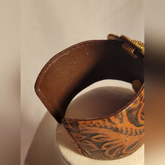 Studio Barse Leather Cuff Bracelet Tooled Brass and Turquoise - Picture 11 of 13